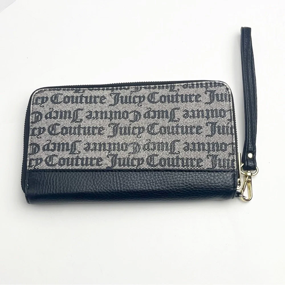 JUICY COUTURE Black Gray Signature Logo Zip Closure Wristlet Wallet Card Holder